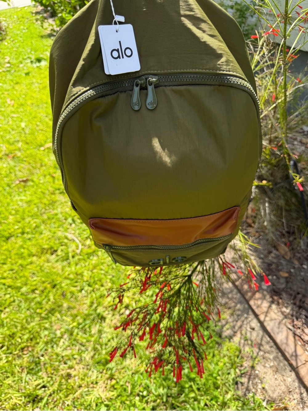 ALO Yoga Olive Green Backpack with Tan Pocket Accent - Picture 7 of 13